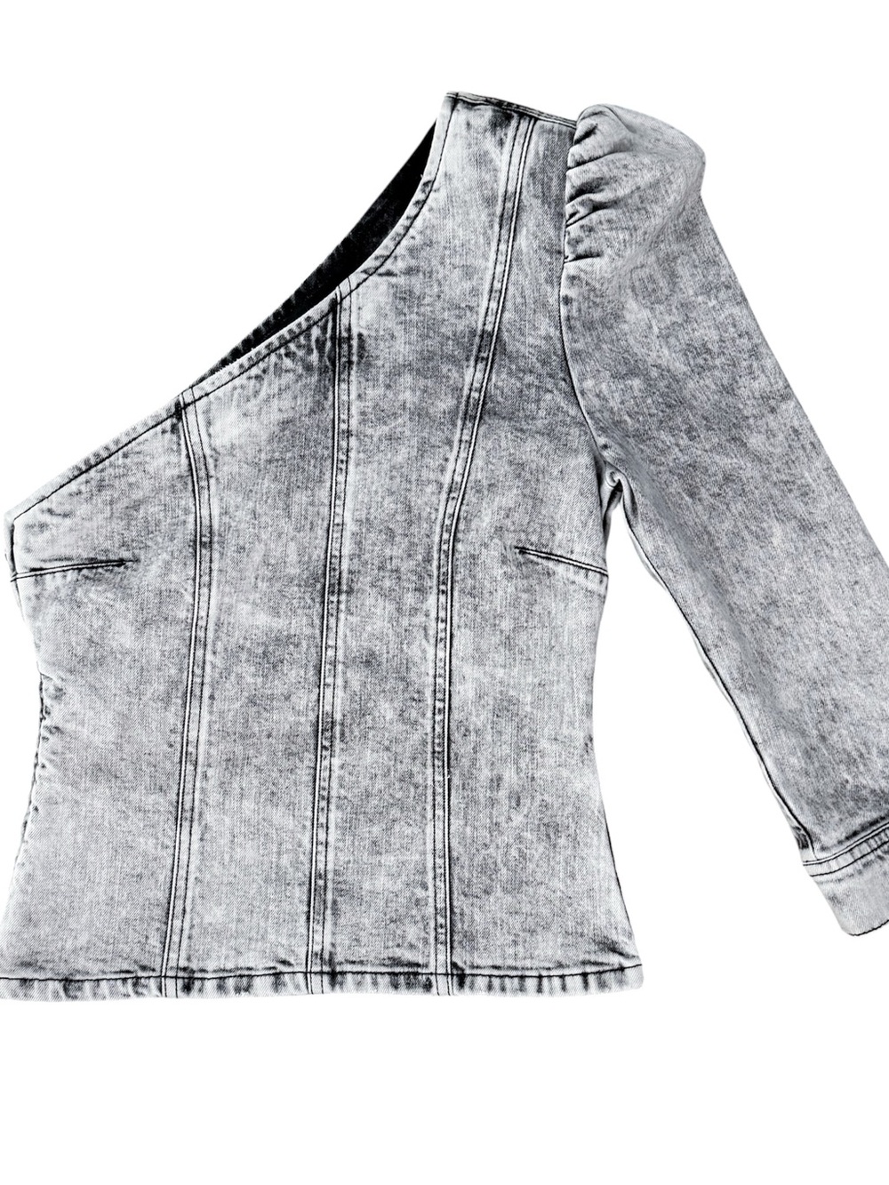Retrofete Moira Light Grey Acid Wash Denim One 3/4 Puff Sleeve Top Small - Picture 6 of 11